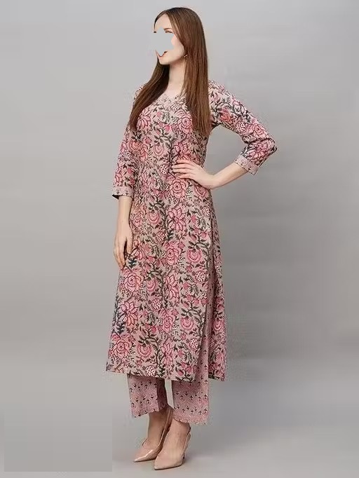 Cotton Kurtis Women's Printed Pattern Cotton Kurti with Pant kurta set Color 1 (KS124)