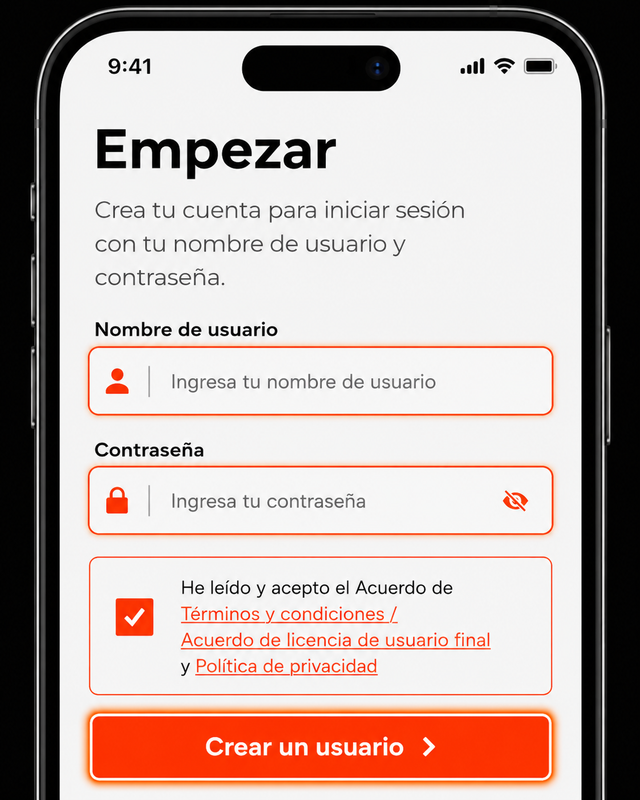 Crea tu usuario y contraseña para finalizar el registro