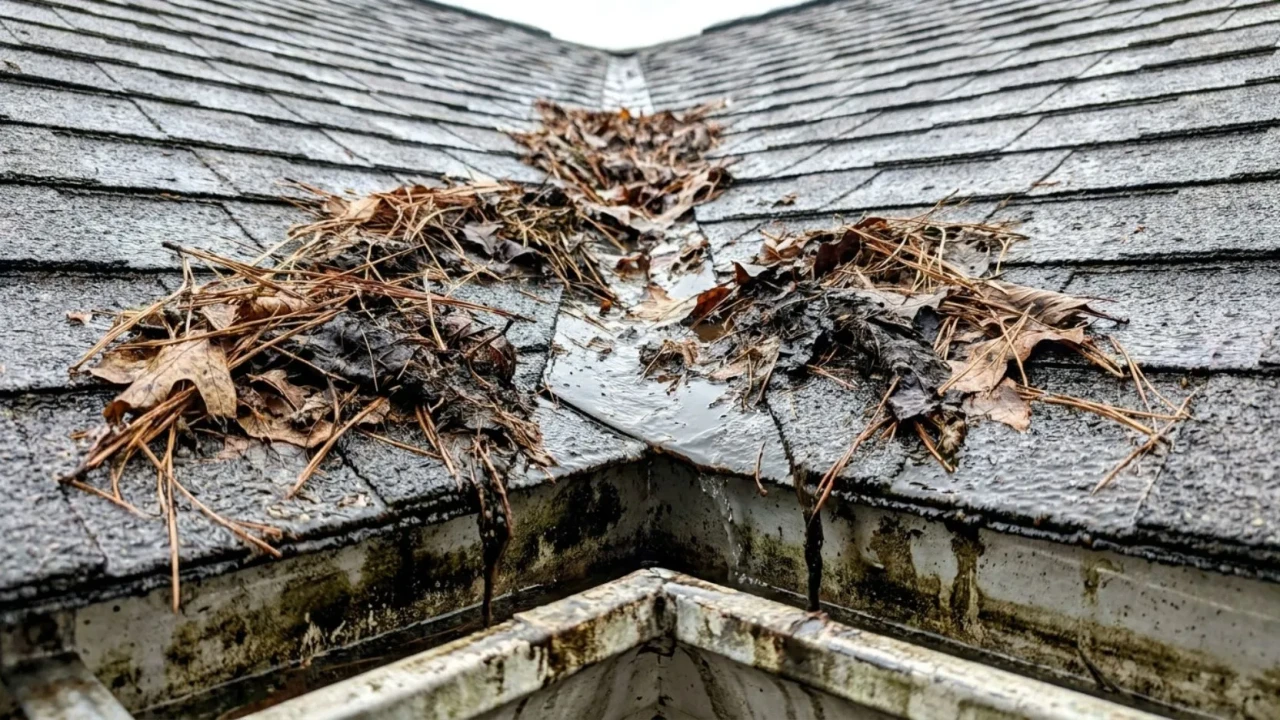Open roof valley on a residential home showing debris accumulation and signs of water pooling and staining along the valley channel