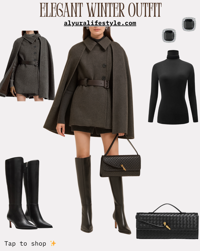 Elegant Winter Outfit | Chic Cape Coat & Knee-High Boots 🖤