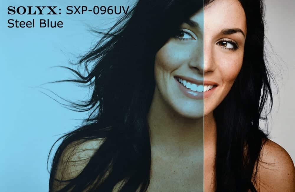 SXP-096UV Steel Blue – Stained Glass Window Film. Transparent, optically clear, colored polyester film with a scratch-resistant protective coating. Glossy…