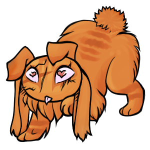 Orange cat-like creature with dog ears, eyes with hearts, and brown tiger stripes