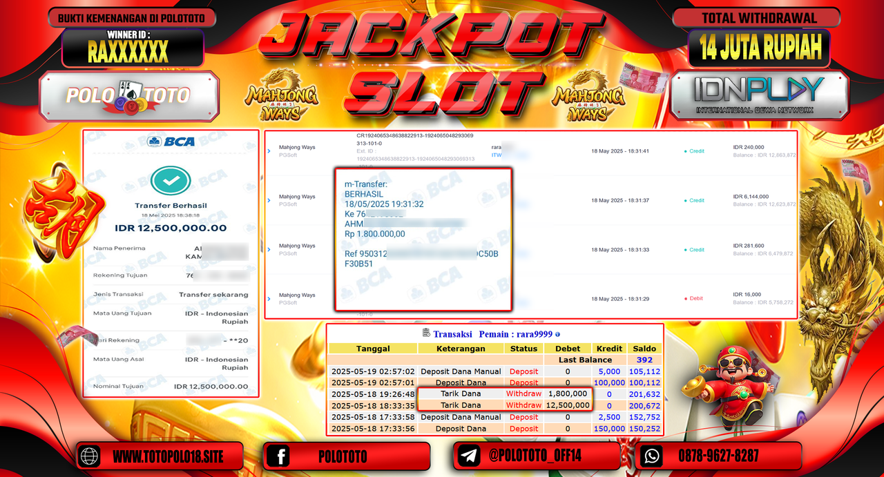 POLOTOTO JACKPOT SLOT MAHJONG WAYS Rp.14.300.000,-