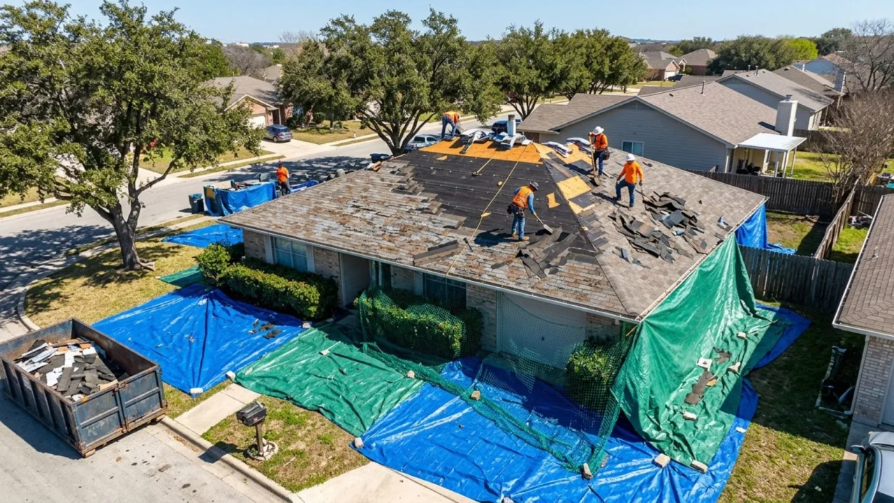 Old roof tear-off in progress on a San Antonio home with property protection in place