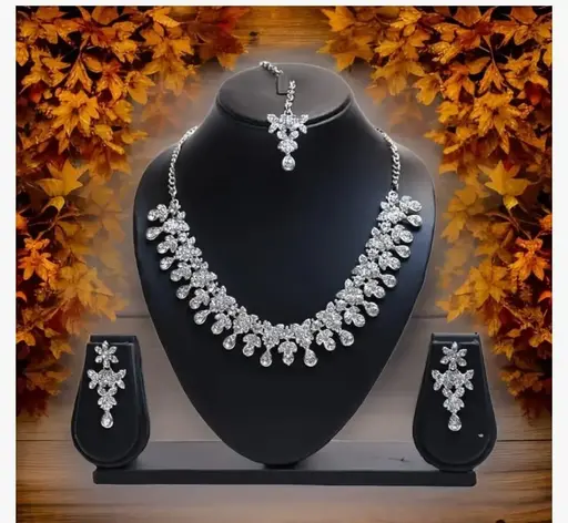 Silver Plated Necklace Set With White American Diamond Color 1 (A104)