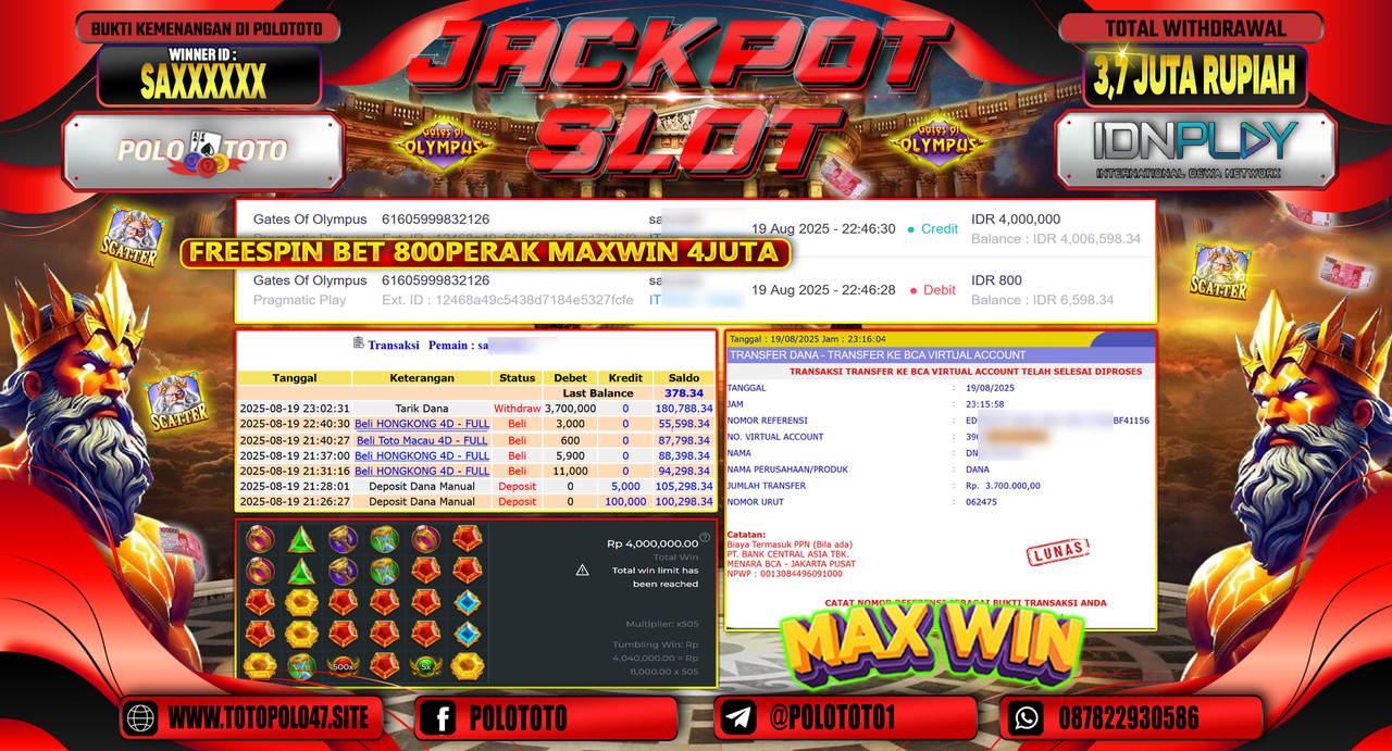 POLOTOTO JACKPOT SLOT GATES OF OLYMPUS Rp.3.700.000,-
