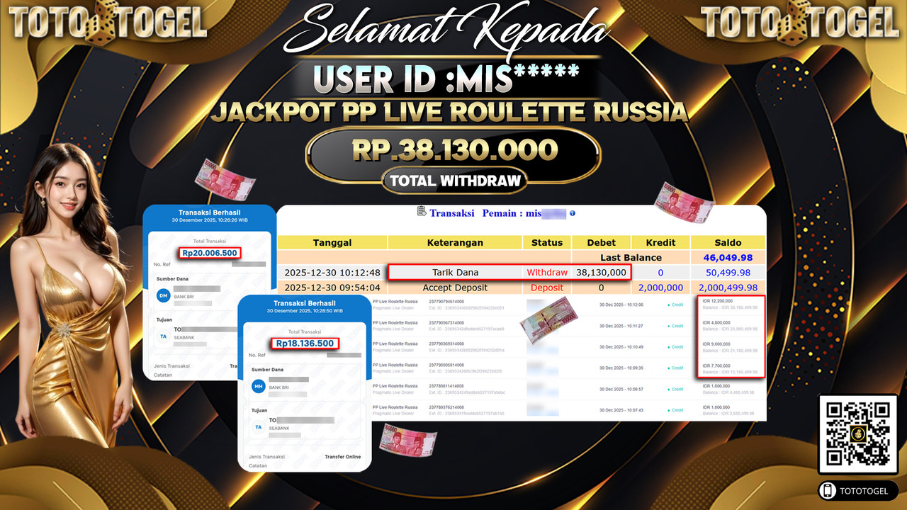 Bukti Pembayaran Jackpot Permainan Pragmatic Live PP Live Roulette Russia ID:MIS**** LUNAS