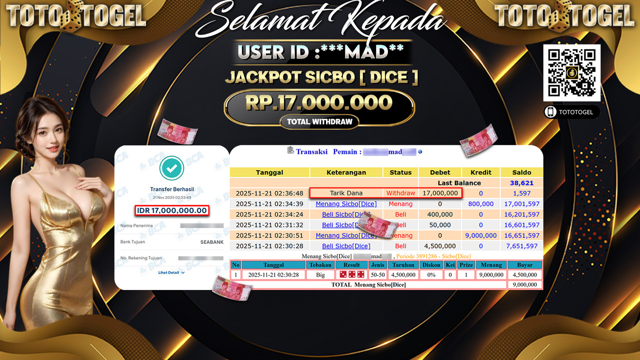 Bukti Pembayaran Jackpot Permainan Live Game Sicbo [ Dice ] ID:***MAD** LUNAS