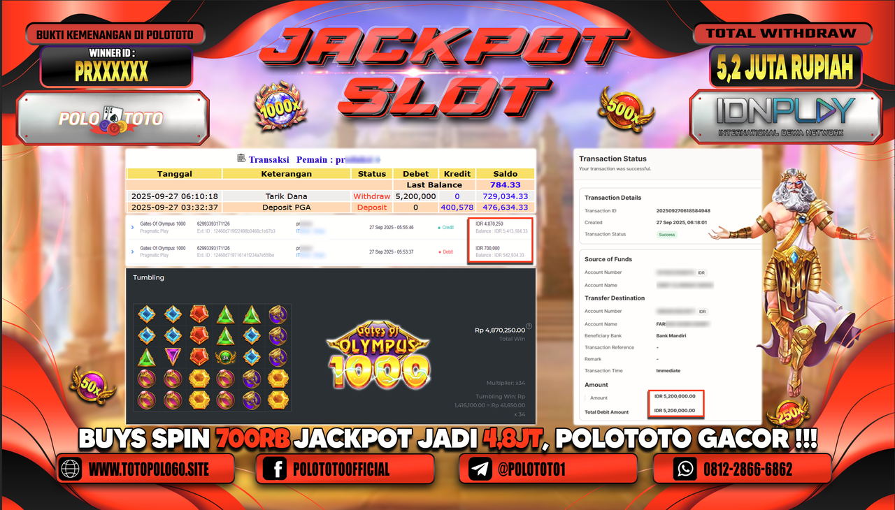 POLOTOTO JACKPOT SLOT GATES OF OLYMPUS 1000 Rp.7.000.000,- LUNAS