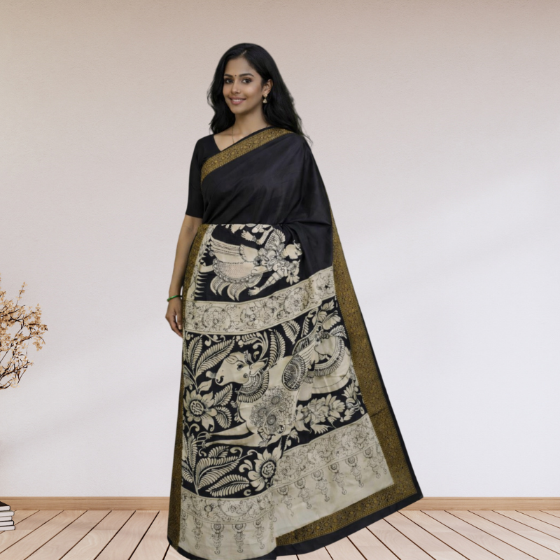 Handpainted Pen Kalamkari on Mangalgiri Silk Saree | Pure Handcrafted Natural Art | Heritage Festive Ethnic Wear