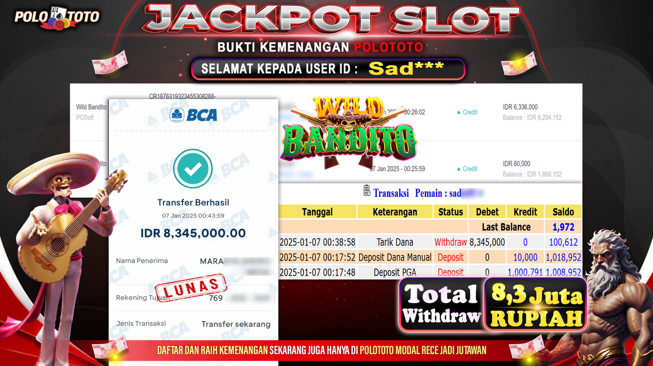 POLOTOTO JACKPOT SLOT WILD BANDITO Rp.8,345.000,-