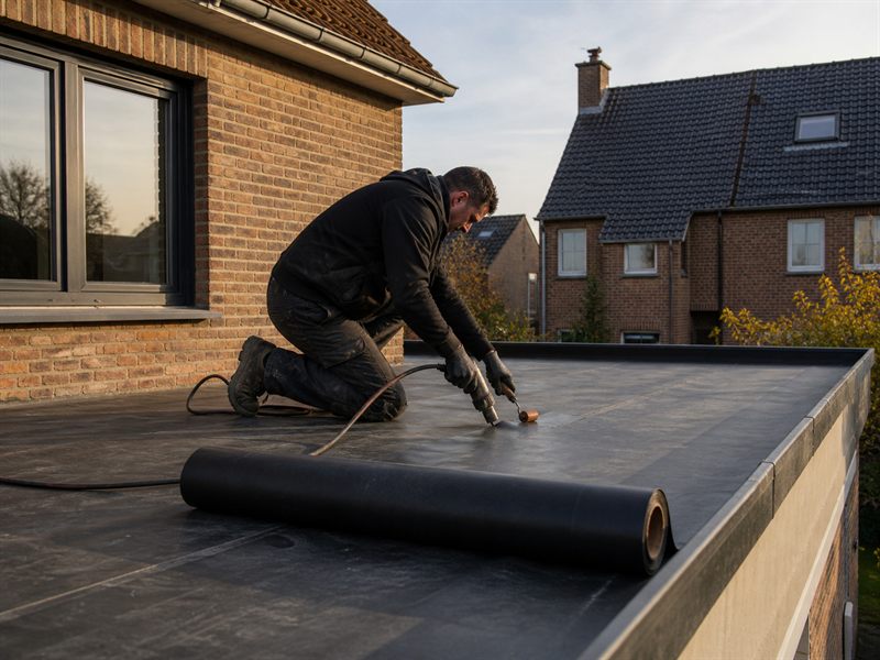 Vakman plaatst EPDM-bedekking op een plat dak