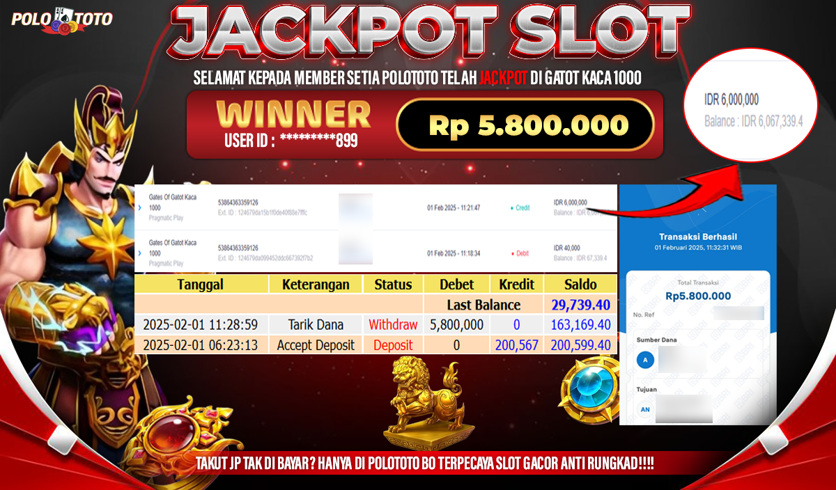 POLOTOTO JACKPOT SLOT GATES OF GATOT KACA 1000 Rp.5,800.000,-
