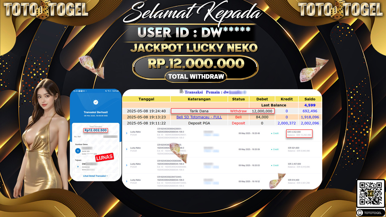 Bukti Pembayaran Jackpot  Permainan Slot Lucky Neko ID:DW***** LUNAS