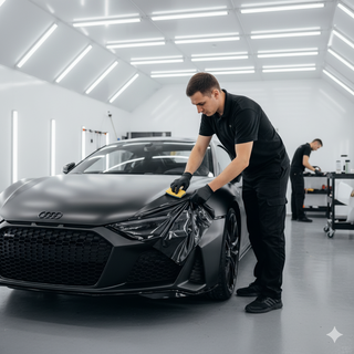 Matte charcoal vinyl film installation on coupe during hood and fender wrapping process