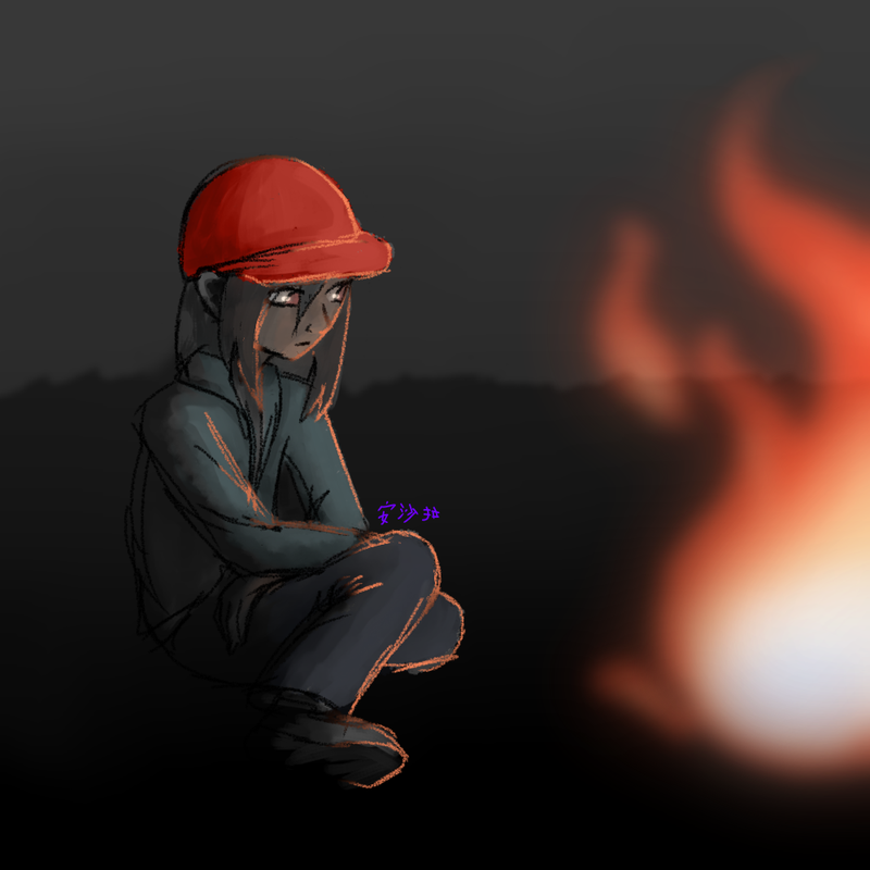 A digital drawing of Aura, sitting next to a campfire. The image features very little color aside from the orange glow of the fire and Aura's bright red baseball cap. Aura's hair is notably longer than it is depicted elsewhere.