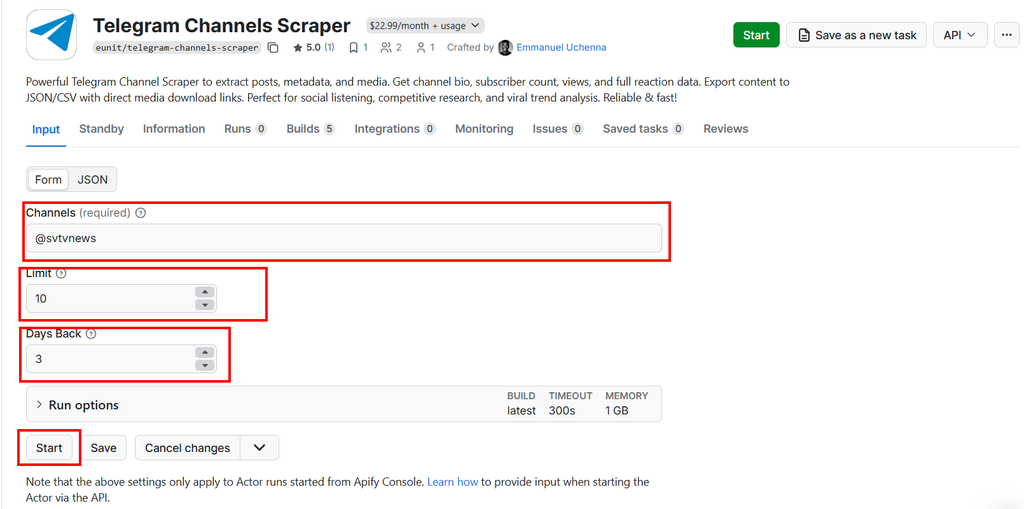 Telegram Channels Scraper configuration