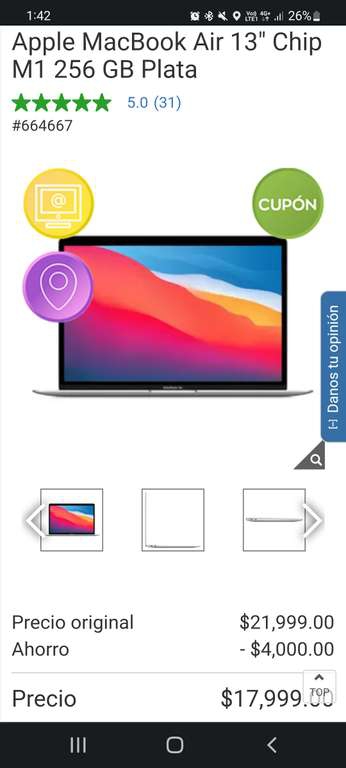 Costco: Apple MacBook Air 13 Chip M1 256 GB Plata con cupon paypal y citibanamex 