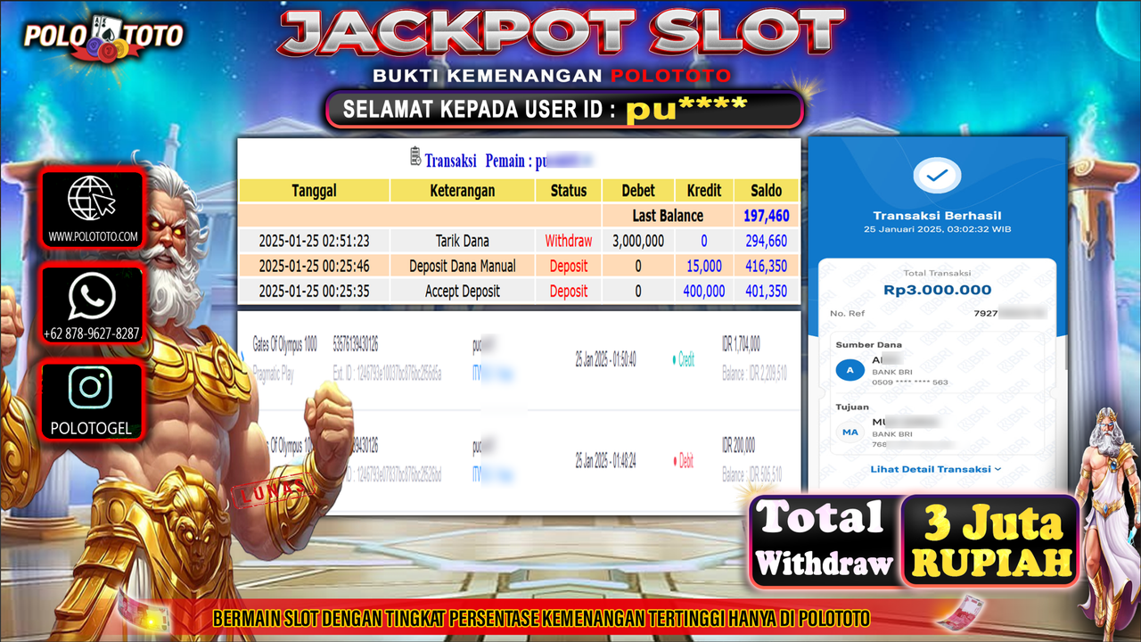 POLOTOTO JACKPOT SLOT GATES OF OLYMPUS 1000 Rp.3,000.000,- 