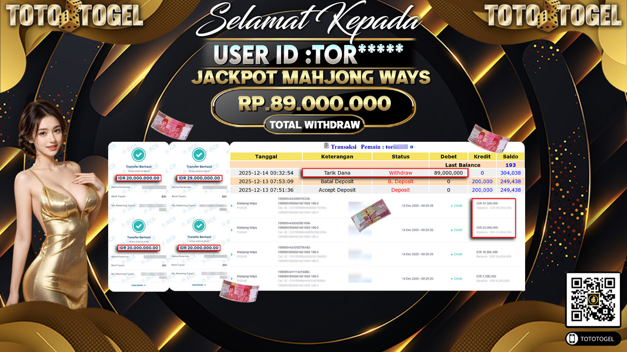 Bukti Pembayaran Jackpot Permainan Slot Mahjong Ways ID:TOR***** LUNAS