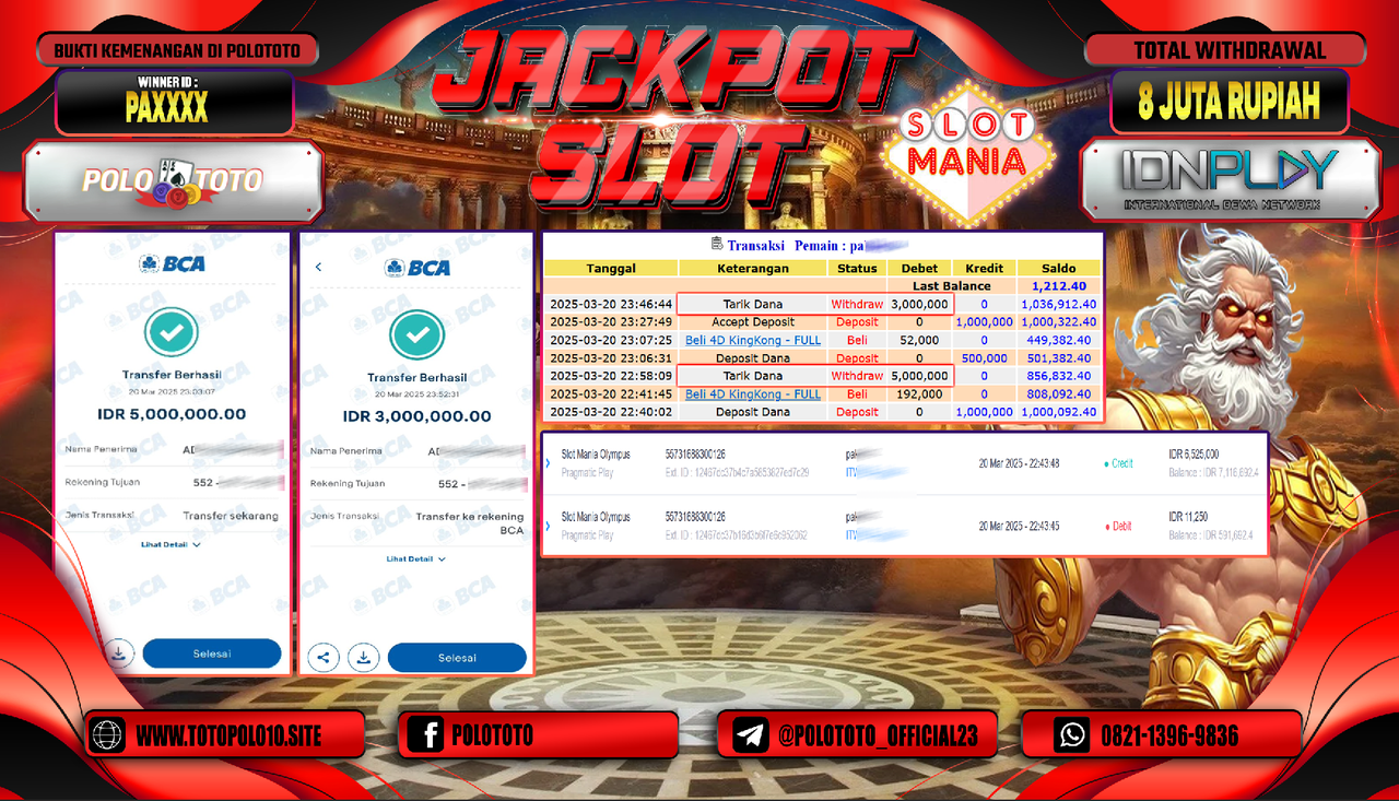POLOTOTO JACKPOT SLOT MANIA OLYMPUS Rp.8.000.000,-