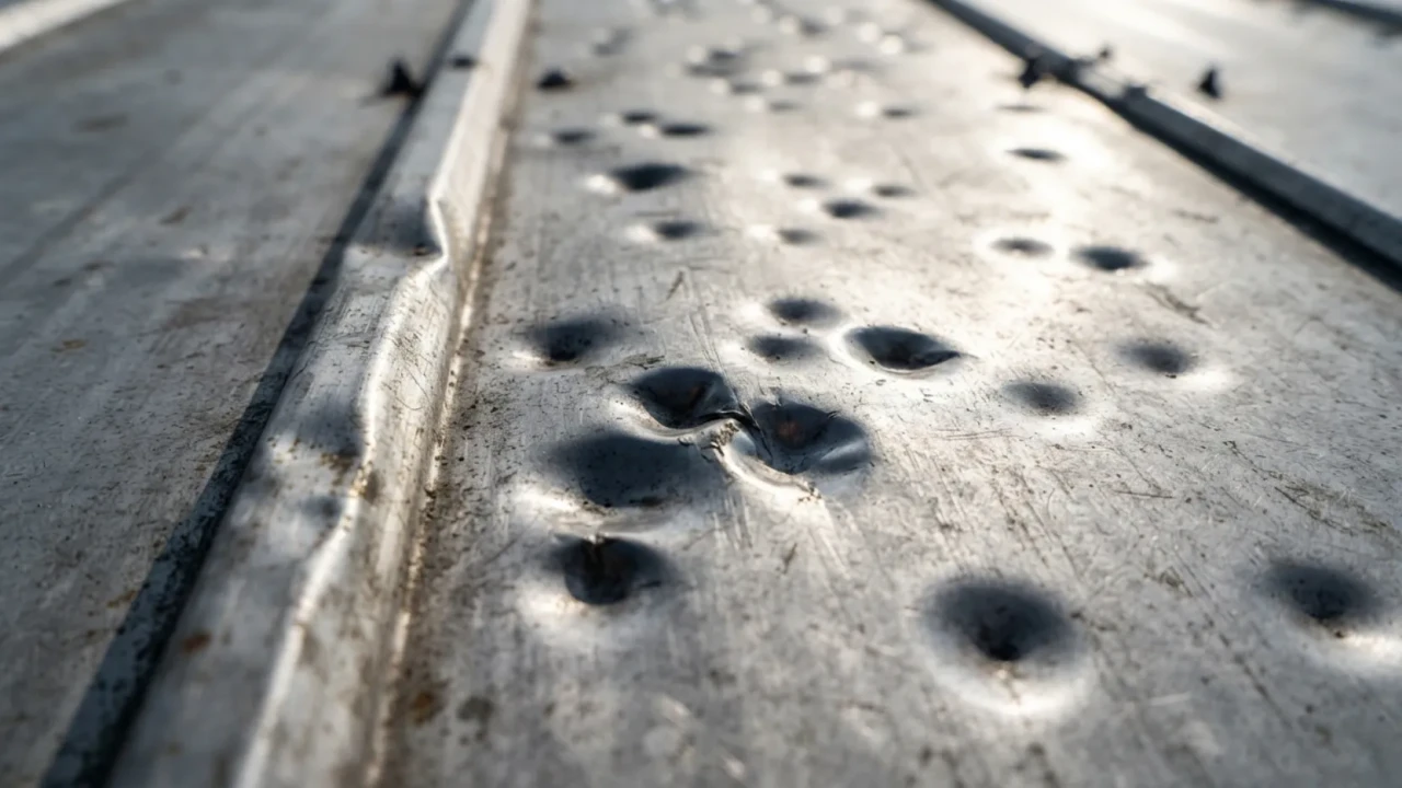 Hail dent damage on aluminum metal roofing panel
