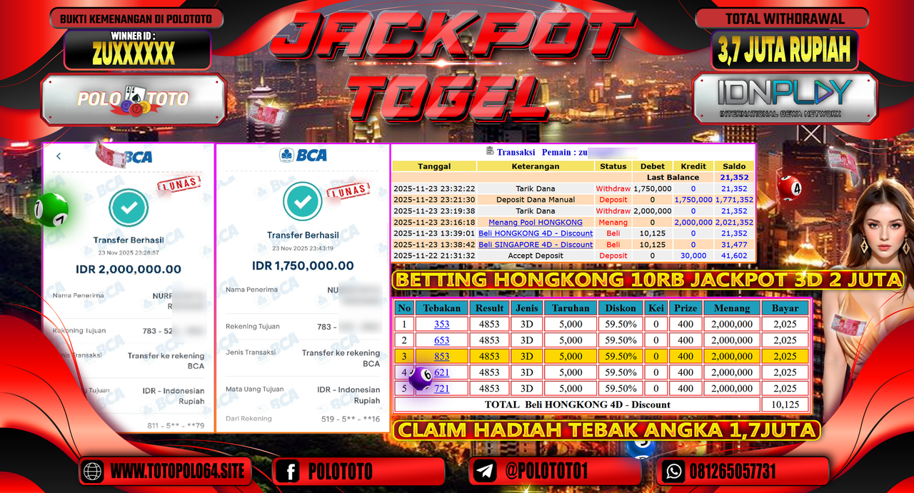 POLOTOTO JACKPOT TOGEL MENANG HONGKONG LOTTO Rp.3.700.000,- LUNAS