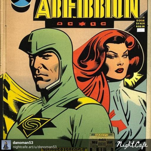 comic book cover with male and female portraits