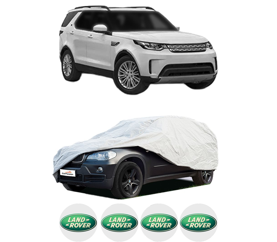 Husa tip prelata auto pentru LAND ROVER DISCOVERY V VAN (L462) din 2016-2018, Culoare Gri, material textil impermeabil, rezistanta la intemperii praf UV, CARPASSION Husa Protectie, 4 Stickere auto cu LAND ROVER