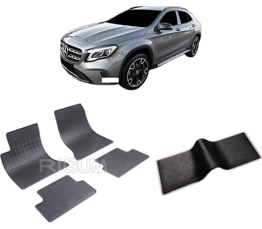 Set covorase auto MERCEDES GLA X156 din 03.2014-11.2019, cu covoras tunel median, CAROSERIE SUV, Presuri cauciuc 100%, compatibil cu autoturismul MERCEDES GLA X156, Rigum