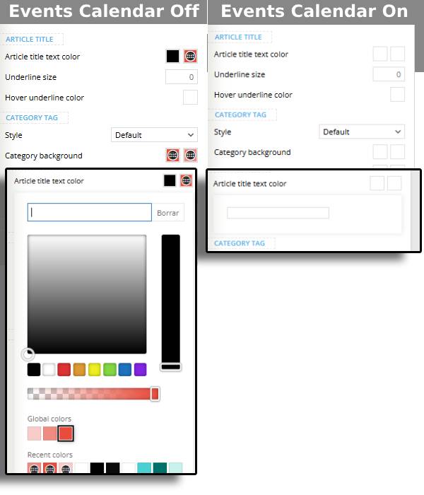 Screenshot of color picker issue with The Events Calendar plugin in the TagDiv Composer