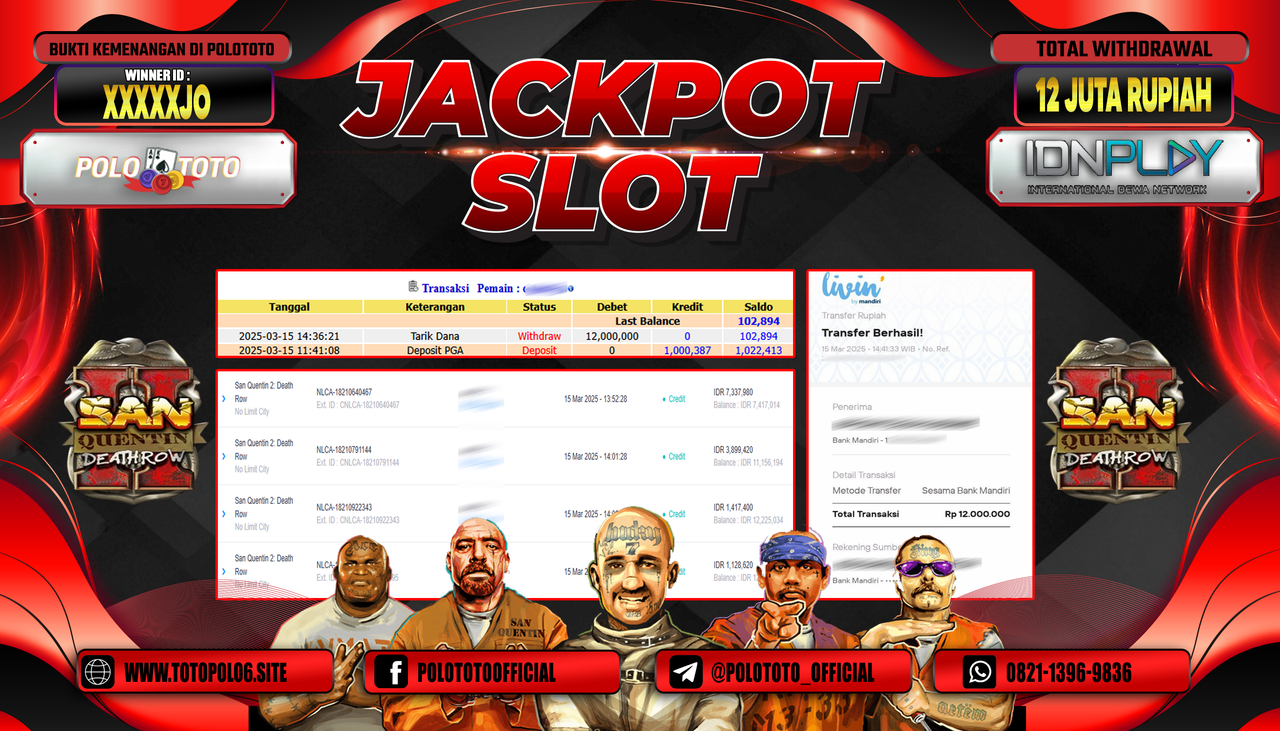 POLOTOTO JACKPOT SLOT SAN QUETIN 2 : DEATH ROW Rp.12.000.000,-