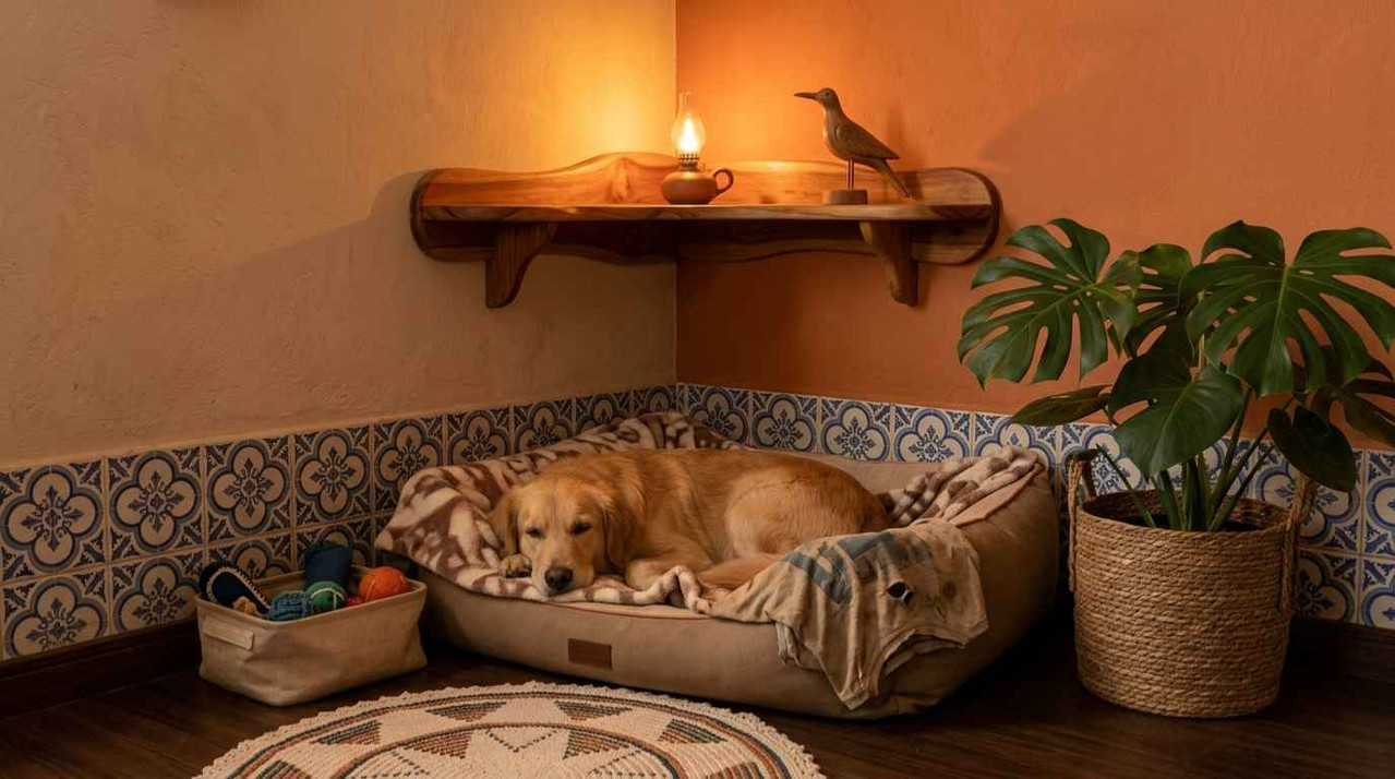 Cachorro descansando em cantinho seguro dentro de casa durante fogos de artifício no São João