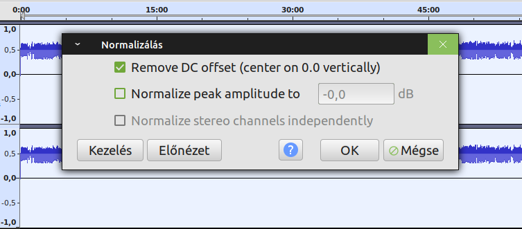 Audacity - Hatás, Normalizálás (remove DC offset - center on 0.0 vertically)_01