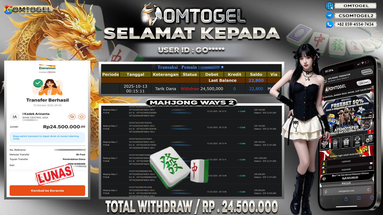OMTOGEL JACKPOT PGSOFT MAHJONG WAYS 2 24 JUTA DI BAYAR LUNAS ,-