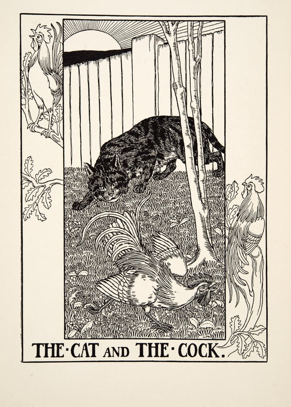 Percy-J-Billingshurst-The-Cat-and-the-Cock-from-A-Hundred-Fables-of-Aesop-pub1903-Meister-Drucke