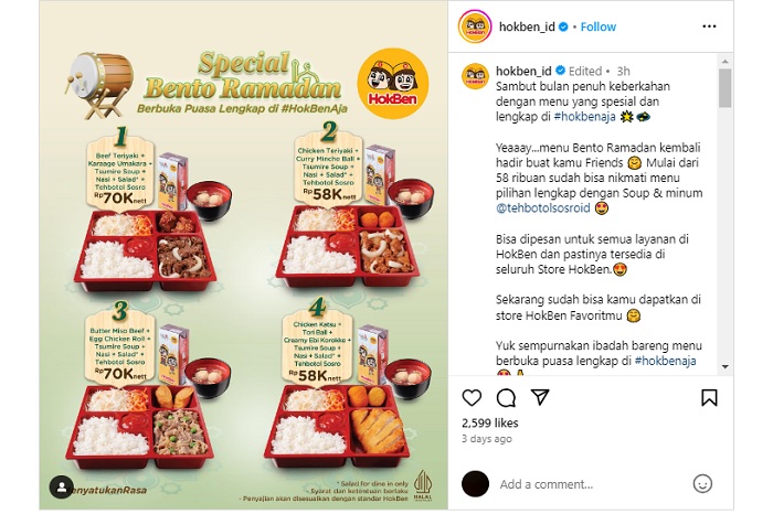 Menu Bento Ramadhan dari HokBen kembali hadir mulai dari Rp 58 ribuan.