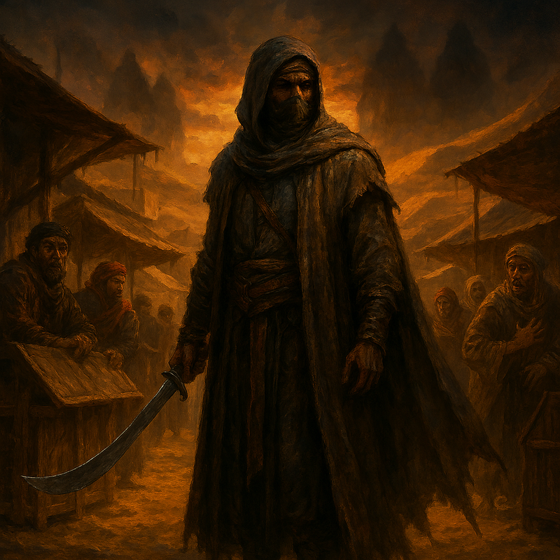 Cinematic digital painting of Naer a Middle Eastern style fantasy warrior with a curved scimitar a