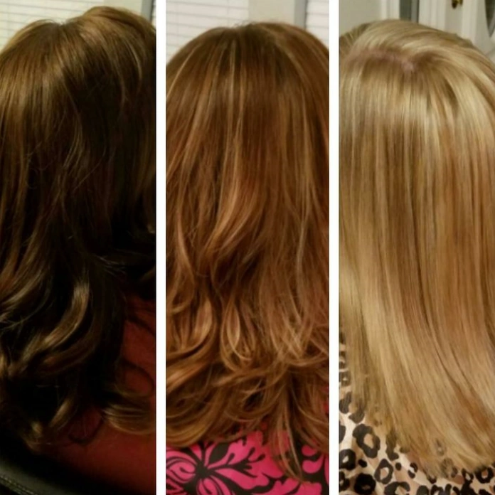 Long hair brown to blonde color change progression