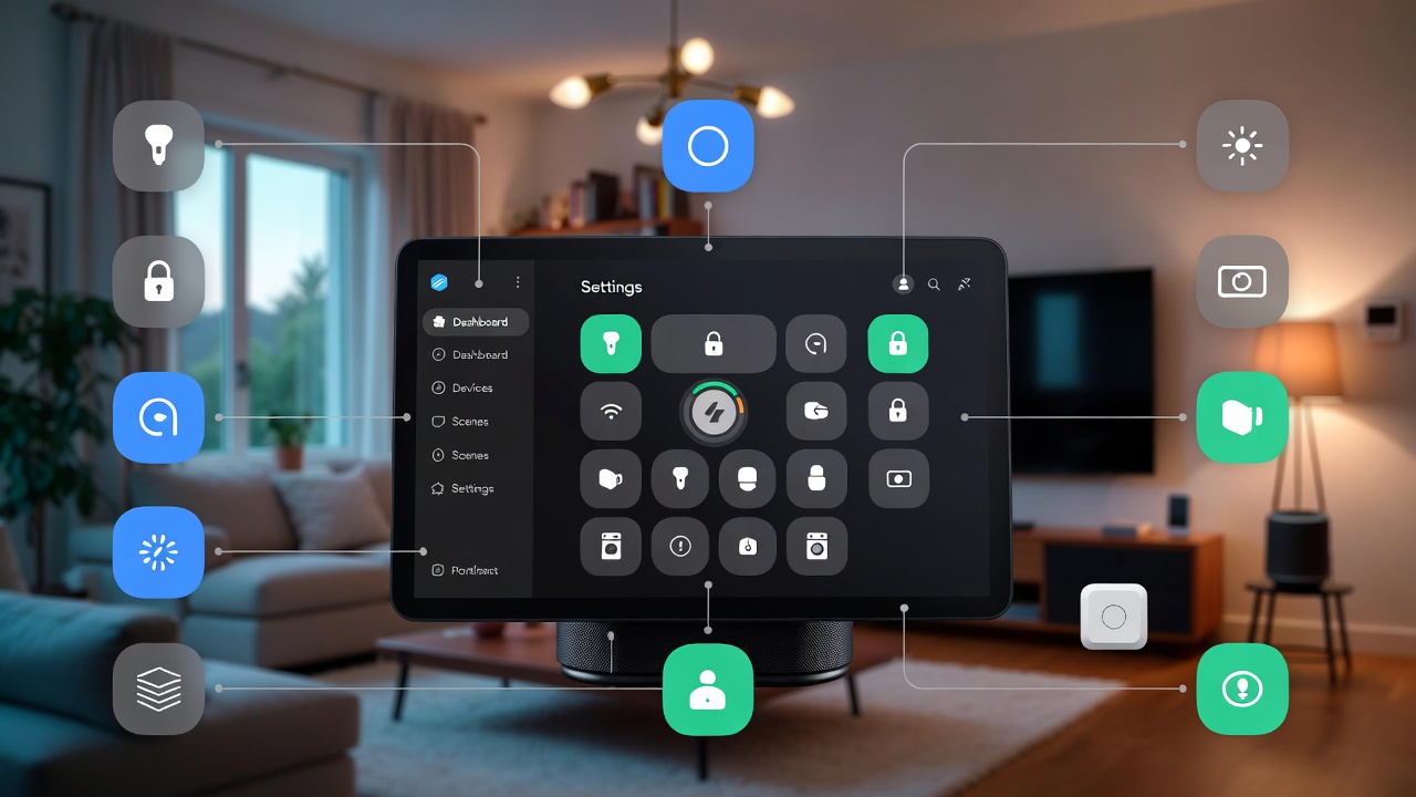 Smart home hub connected to multiple devices like lights, locks, and sensors in a modern living room