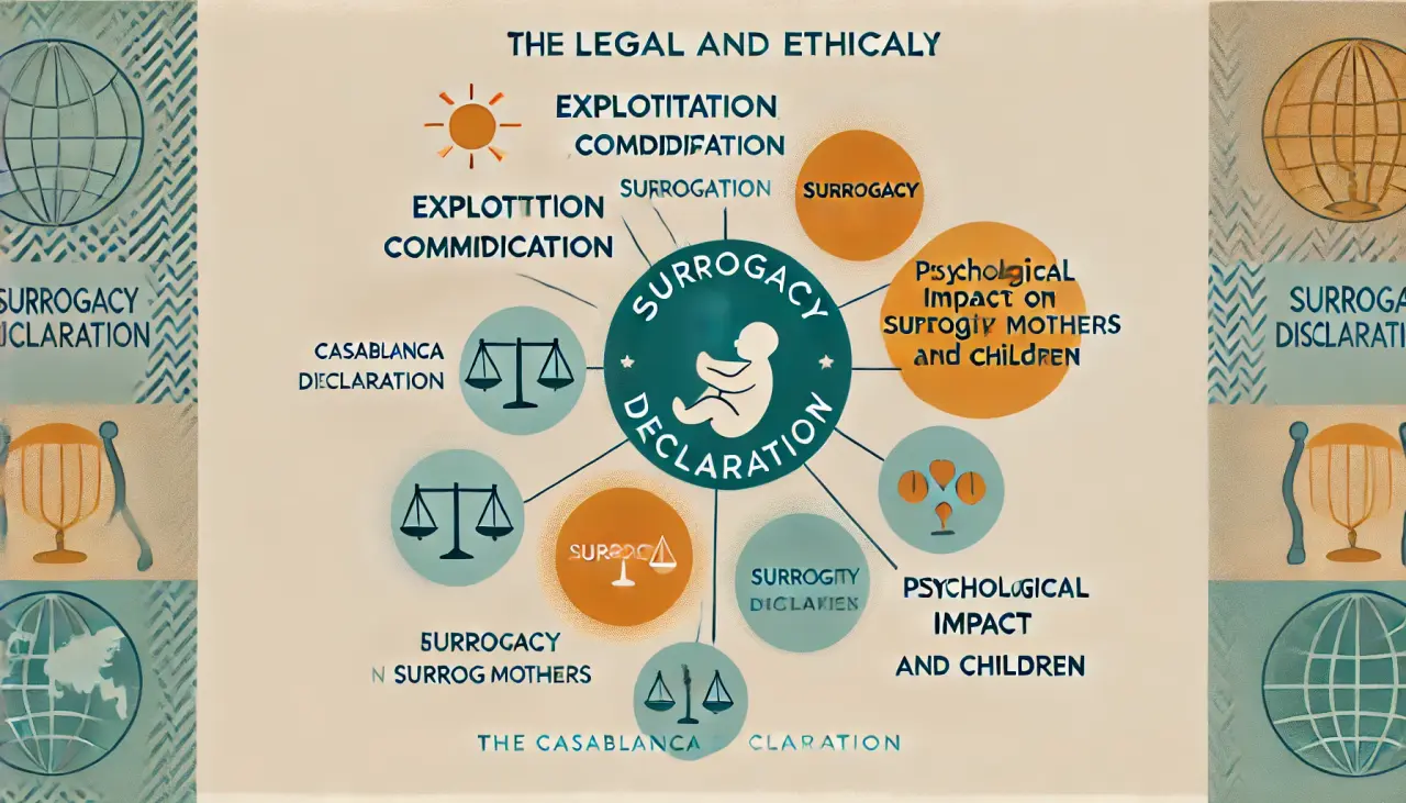 Diagram of legal and ethical challenges in surrogacy, covering exploitation, commodification, and emotional impact.