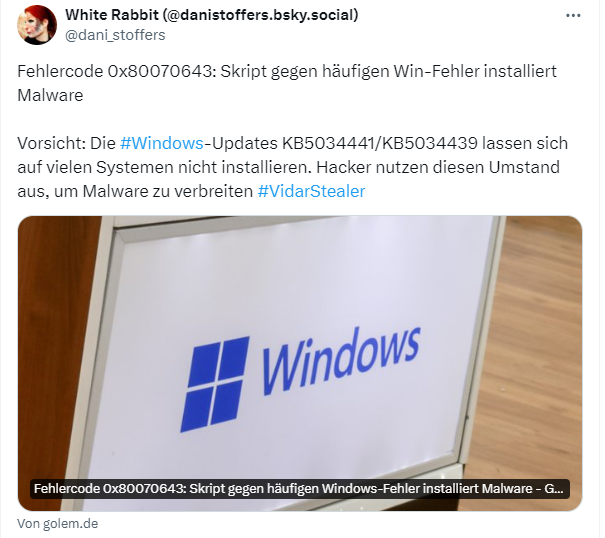 Info-Stealer wird per Skript für Windows-Fehler 0x80070643 verteilt