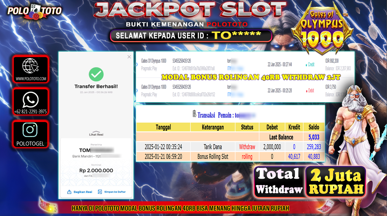 POLOTOTO JACKPOT SLOT GATES OF OLYMPUS 1000 Rp.2,000.000,-
