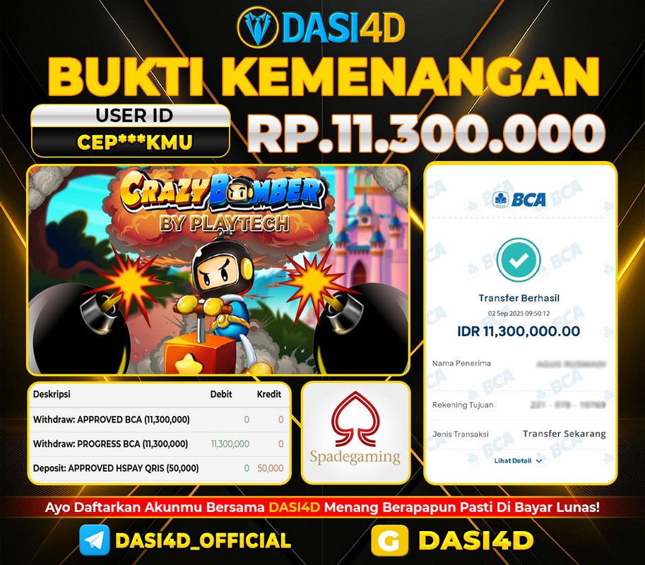 BUKTI KEMENANGAN 02 SEPTEMBER  2025 DI CRAZY BOMBER RP 11.300.000