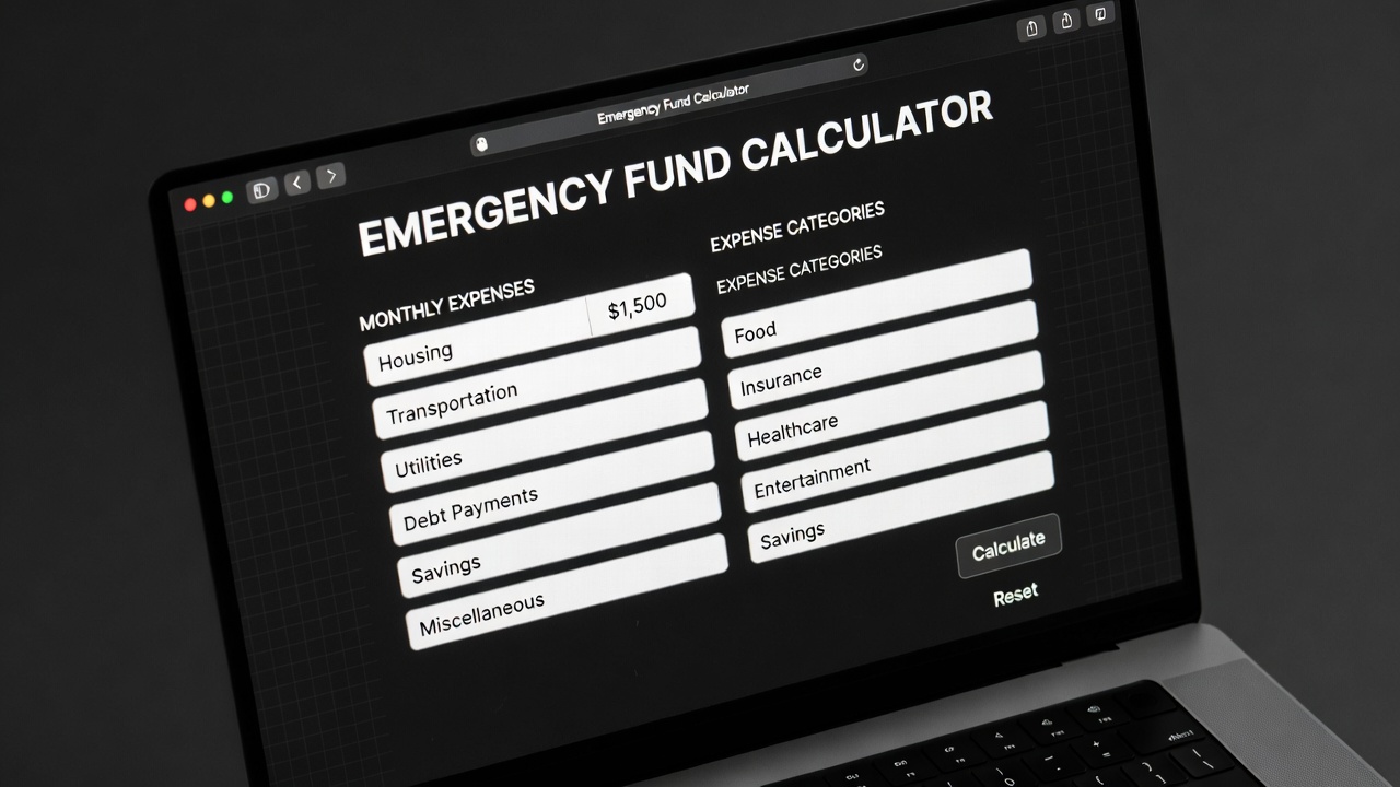 Laptop screen displaying an emergency fund calculator form with expense categories