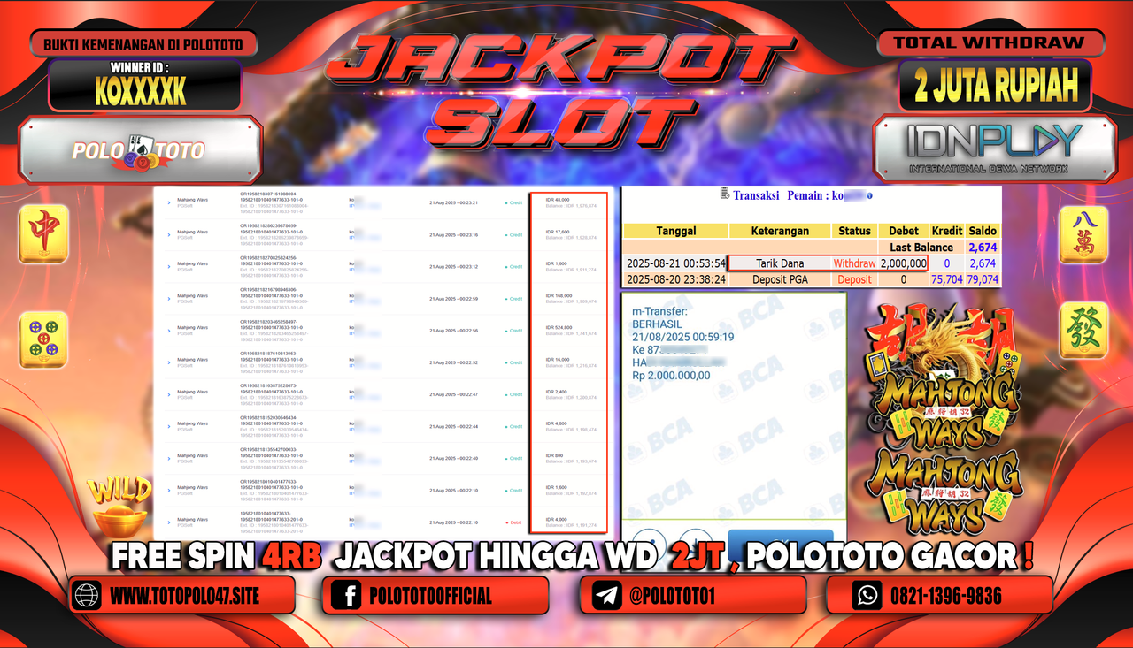 POLOTOTO JACKPOT SLOT MAHJONG WAYS Rp.2.000.000,-