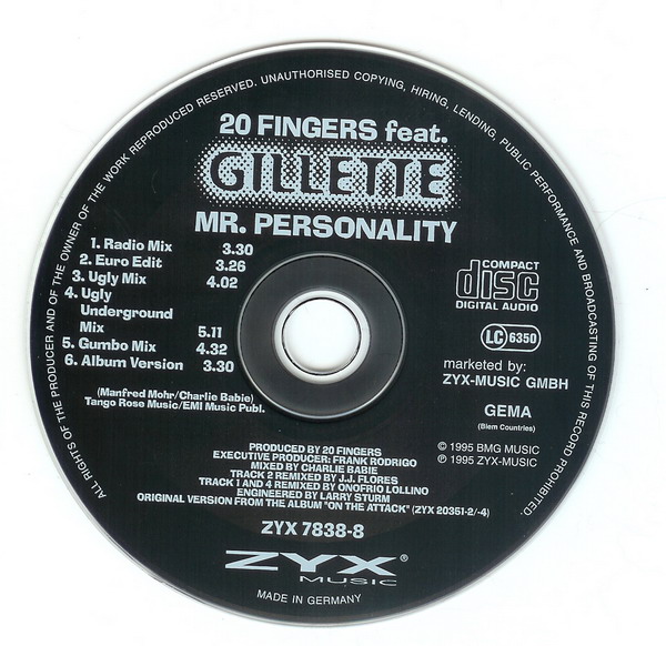 13/01/2023 - 20 Fingers Feat. Gillette ‎– Mr. Personality (CDM)(ZYX Music ‎– ZYX 7838-8) 1995 R-524615-1201720647
