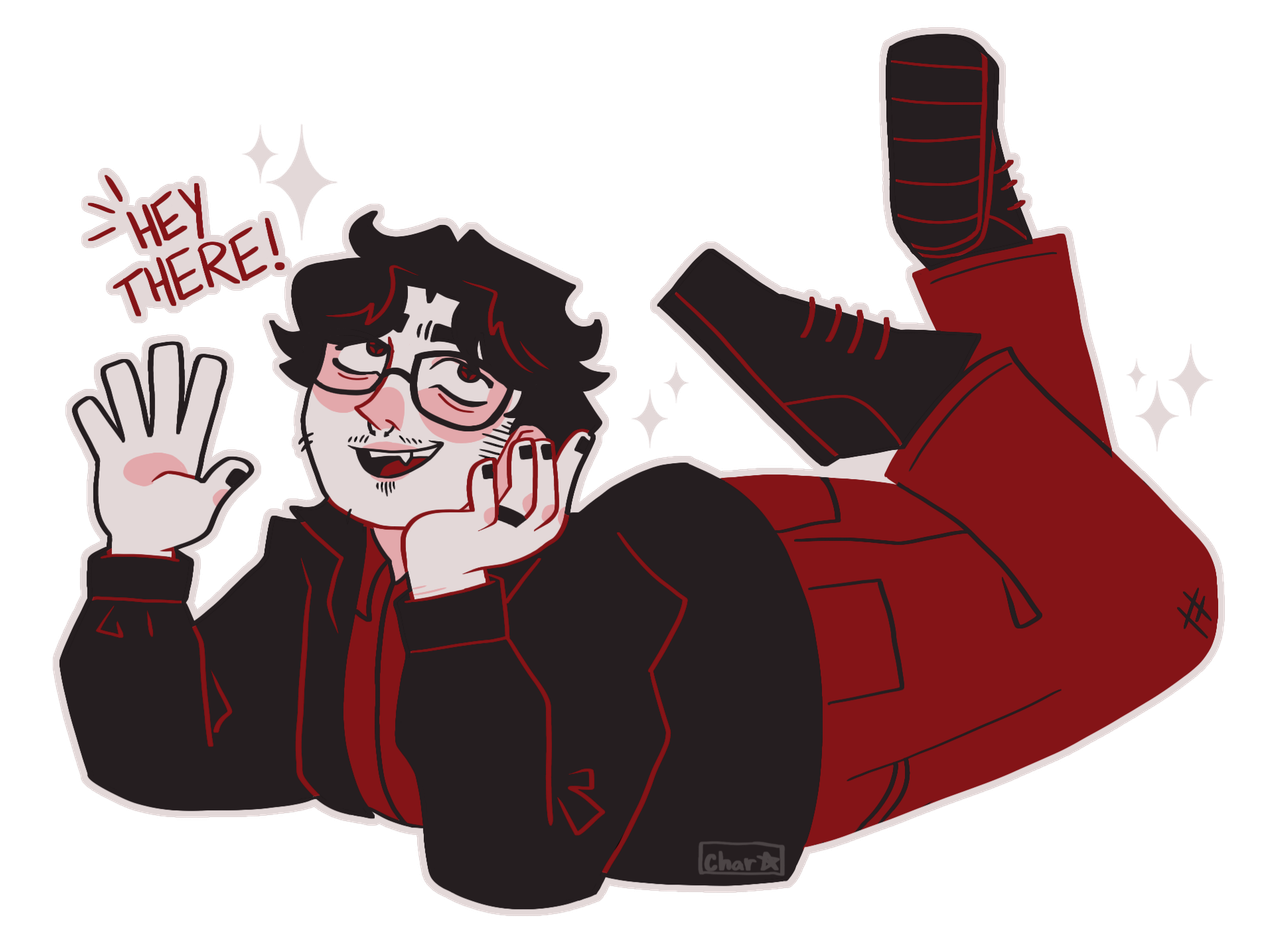 A digital drawing of the Webmaster in a black, white, and red color palette. He lays on his stomach, looking off to the side and waving. Text reads: Hey there! It is the same image used on the homepage.