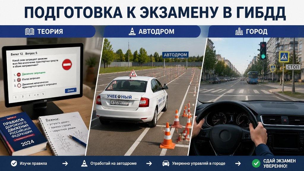 Подготовка к экзамену в ГИБДД: теория, автодром и город