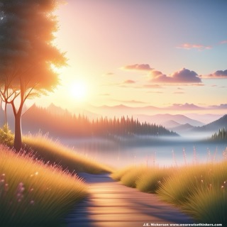 A soft, winding path meandering through a lush green landscape, surrounded by gentle hills and bathed in warm, golden light.